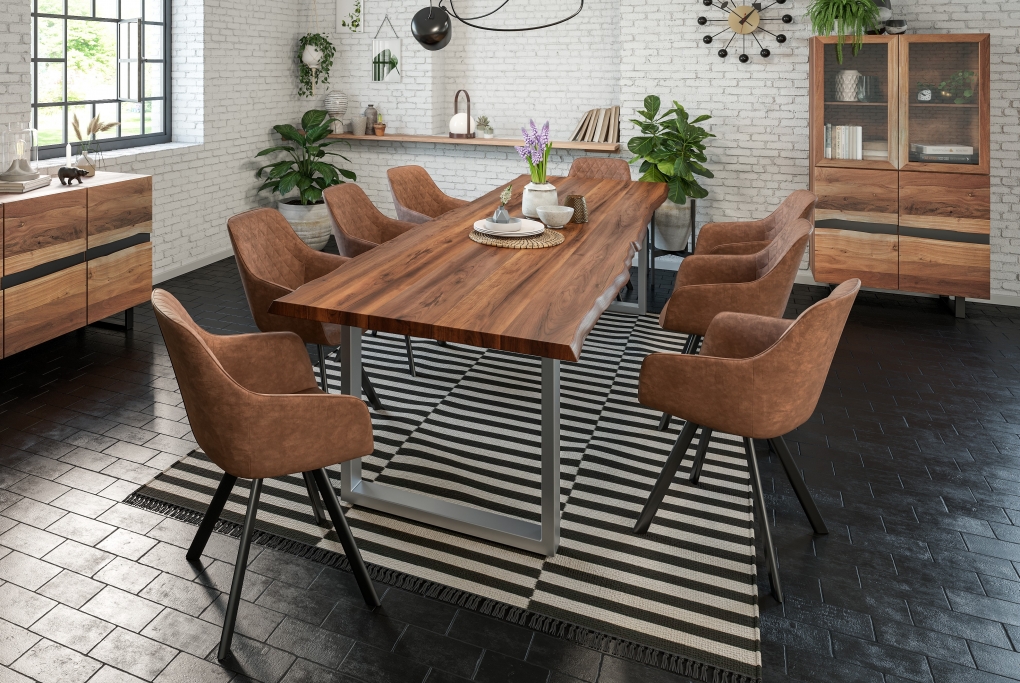  Esstisch Baumkante massiv Akazie nussbaum 300 x 100 silber LIAM itemprop=