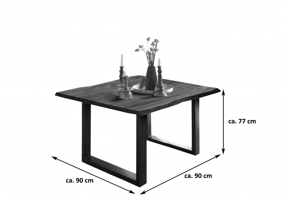 Esstisch Baumkante Massiv Akazie natur 90 x 90 schwarz NOAH itemprop=