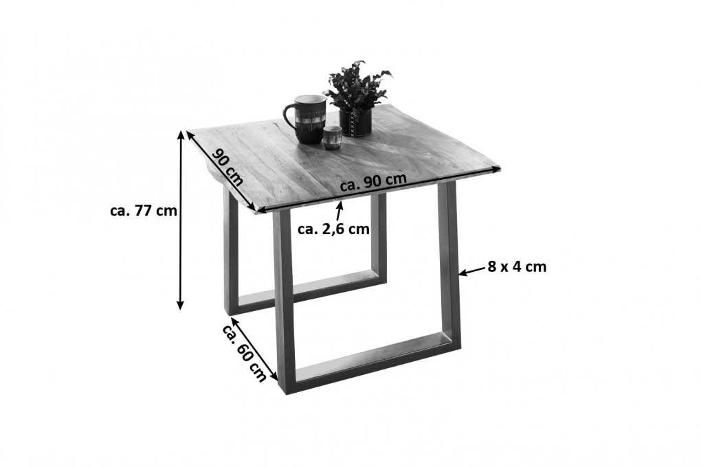 Esstisch Baumkante Massiv Akazie natur 90 x 90 silber NOAH itemprop=