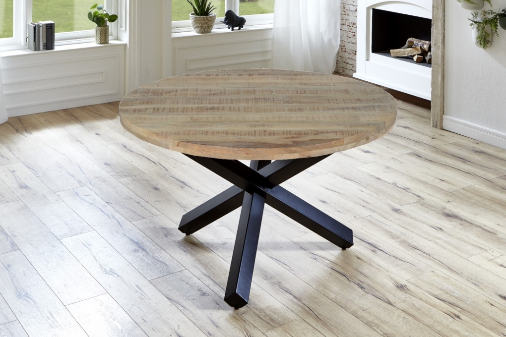 Esszimmertisch rund 130 cm Mangoholz Natur Schwarz RUNIS itemprop=
