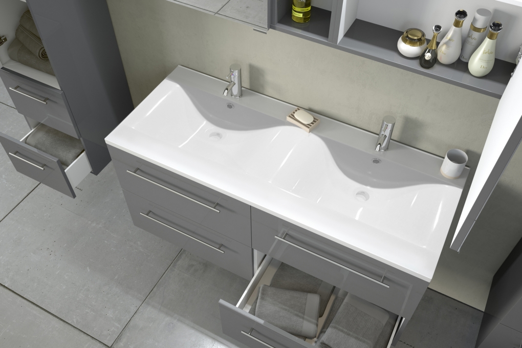 Badmöbelset Doppelwaschtisch 120 cm 4tlg - Hochglanz grau VALERIE itemprop=