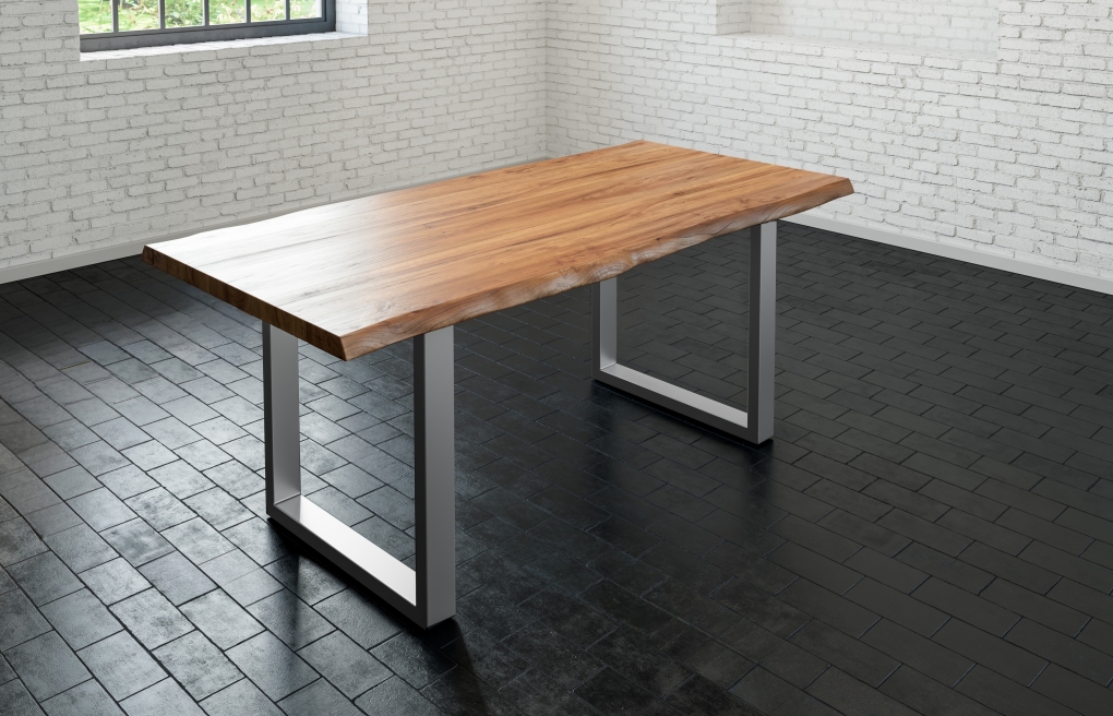  Esstisch Baumkante massiv Akazie natur 140 x 80 silber LIAM itemprop=