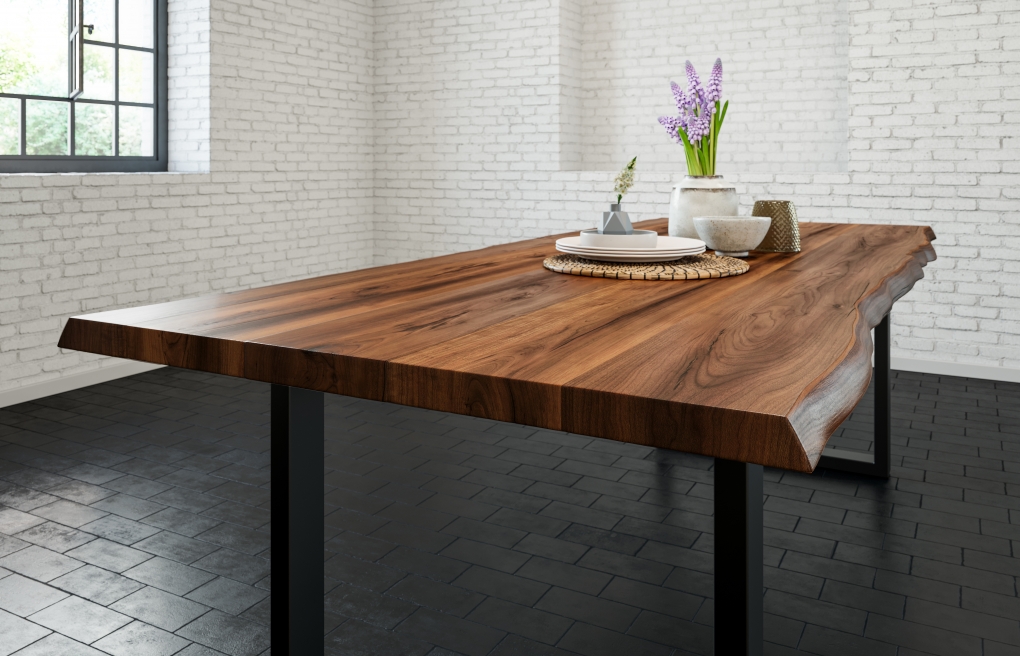 Esstisch Baumkante massiv Akazie nussbaum 140 x 80 schwarz LIAM itemprop=