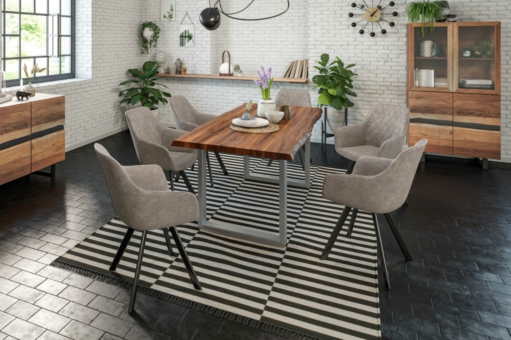  Esstisch Baumkante massiv Akazie nussbaum 140 x 80 silber LIAM itemprop=
