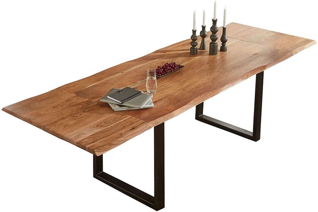 Esstisch Baumkante Akazie natur 220(320 )x100 Ansteckplatten schwarz ADINA itemprop=
