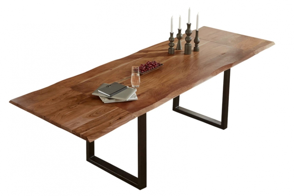 Esstisch Baumkante Akazie nuss 220(320)x100 Ansteckplatten schwarz ADINA itemprop=