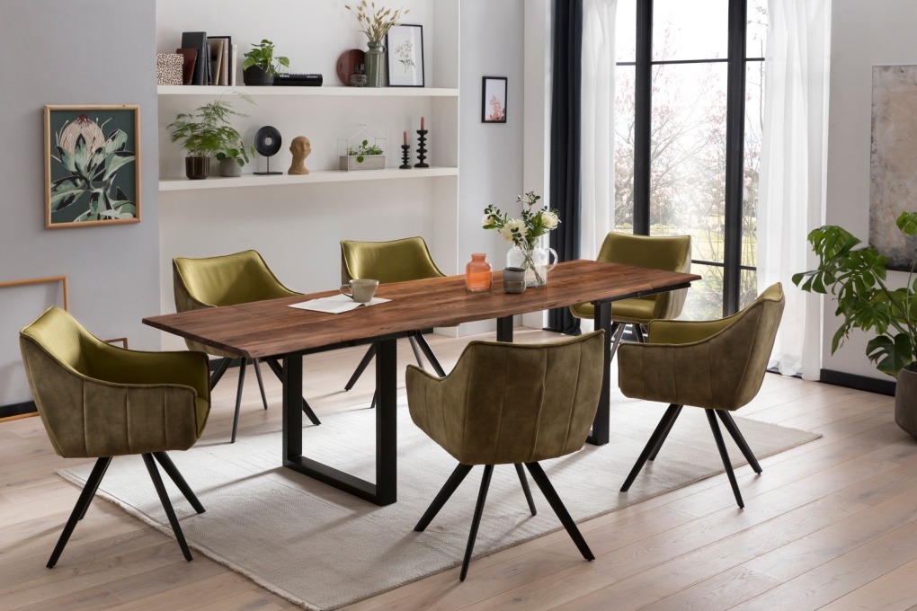 Esstisch Baumkante Akazie nuss 220(320)x100 Ansteckplatten schwarz ADINA itemprop=