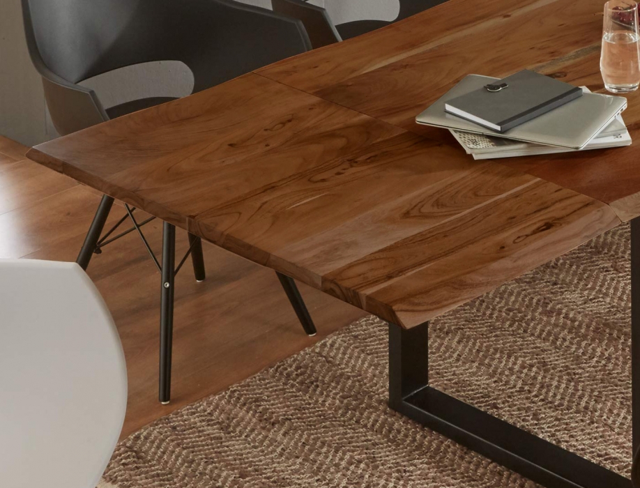 Esstisch Baumkante Akazie nuss 220(320)x100 Ansteckplatten schwarz ADINA itemprop=
