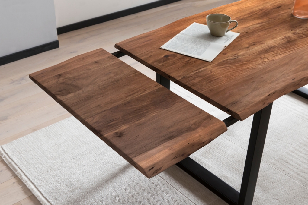 Esstisch Baumkante Akazie nuss 220(320)x100 Ansteckplatten schwarz ADINA itemprop=