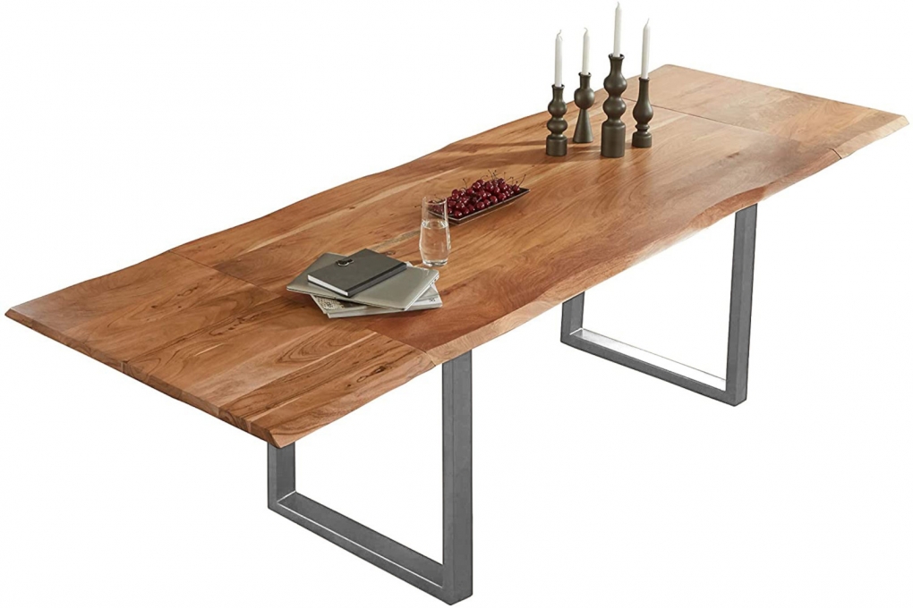 Esstisch Baumkante Akazie natur 220(320)x100 Ansteckplatten silber ADINA itemprop=