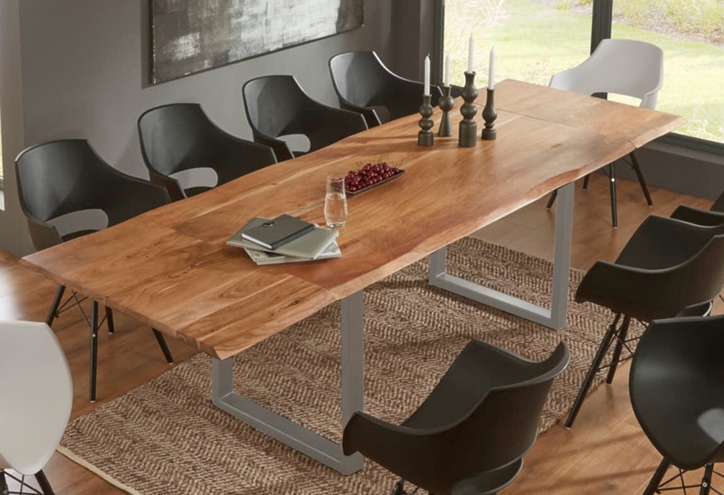 Esstisch Baumkante Akazie natur 220(320)x100 Ansteckplatten silber ADINA itemprop=