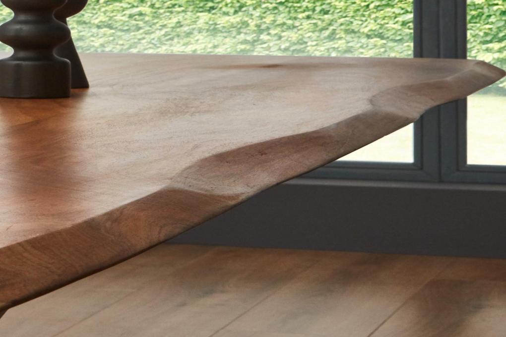 Esstisch Baumkante Akazie natur 220(320)x100 Ansteckplatten silber ADINA itemprop=