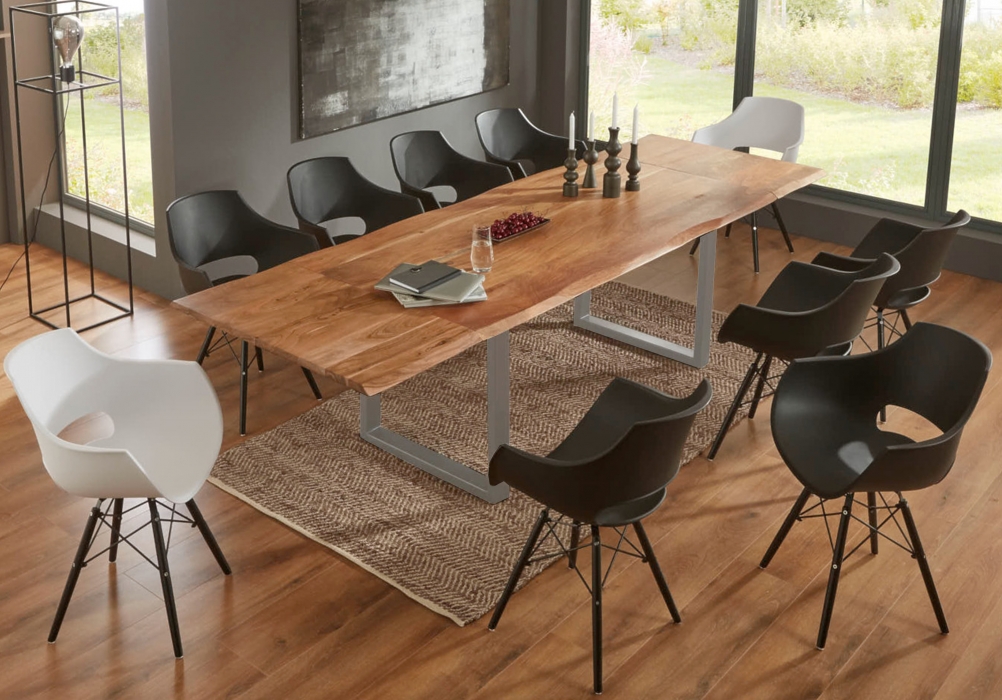 Esstisch Baumkante Akazie natur 220(320)x100 Ansteckplatten silber ADINA itemprop=