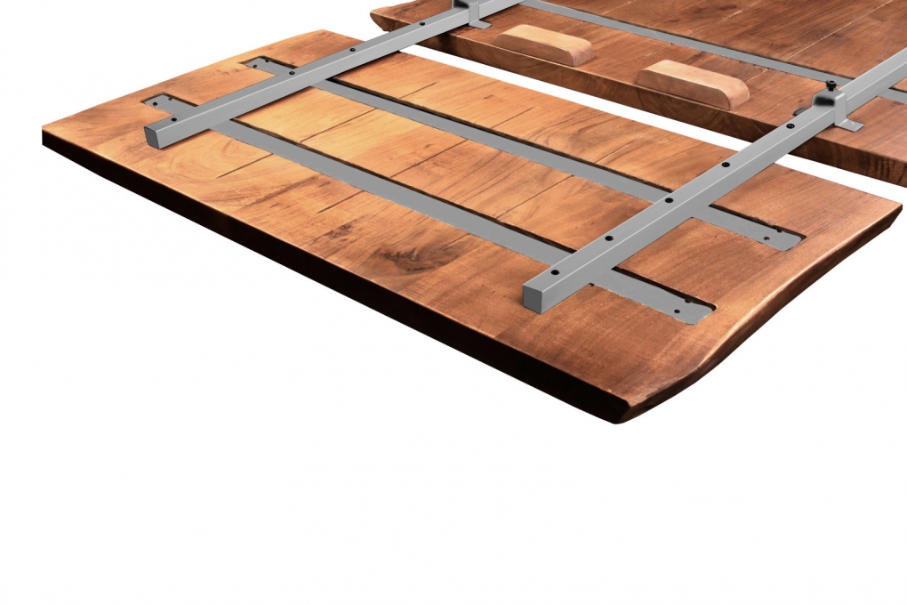 Esstisch Baumkante Akazie natur 220(320)x100 Ansteckplatten silber ADINA itemprop=