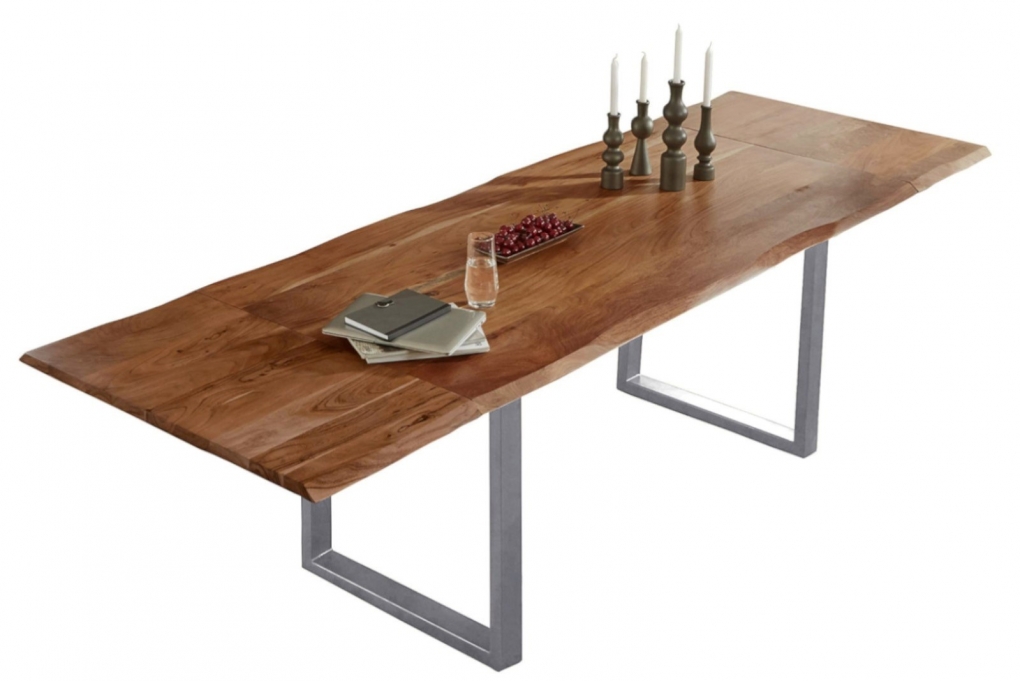 Esstisch Baumkante Akazie nuss 220(320)x100 Ansteckplatten silber ADINA itemprop=