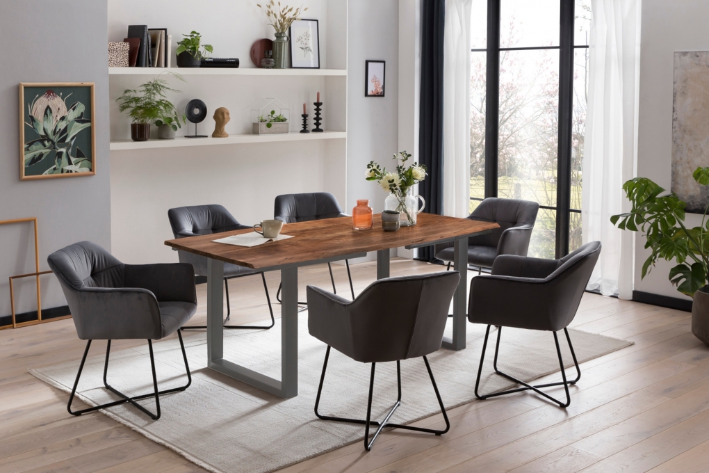 Esstisch Baumkante Akazie nuss 220(320)x100 Ansteckplatten silber ADINA itemprop=
