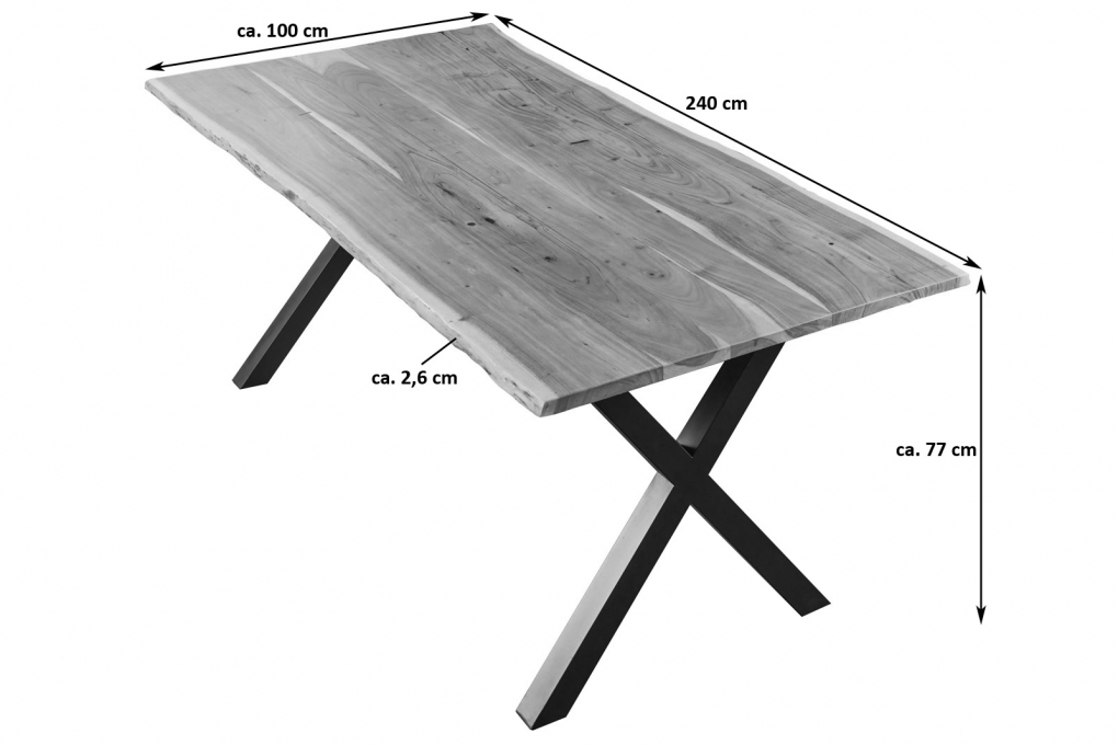  Esstisch Baumkante massiv Akazie natur 240 x 100 X-Gestell silber XANTEN itemprop=