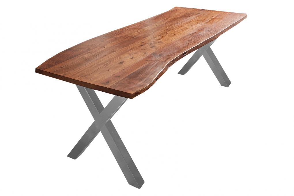  Esstisch Baumkante massiv Akazie nuss 240 x 100 X-Gestell silber XANTEN itemprop=