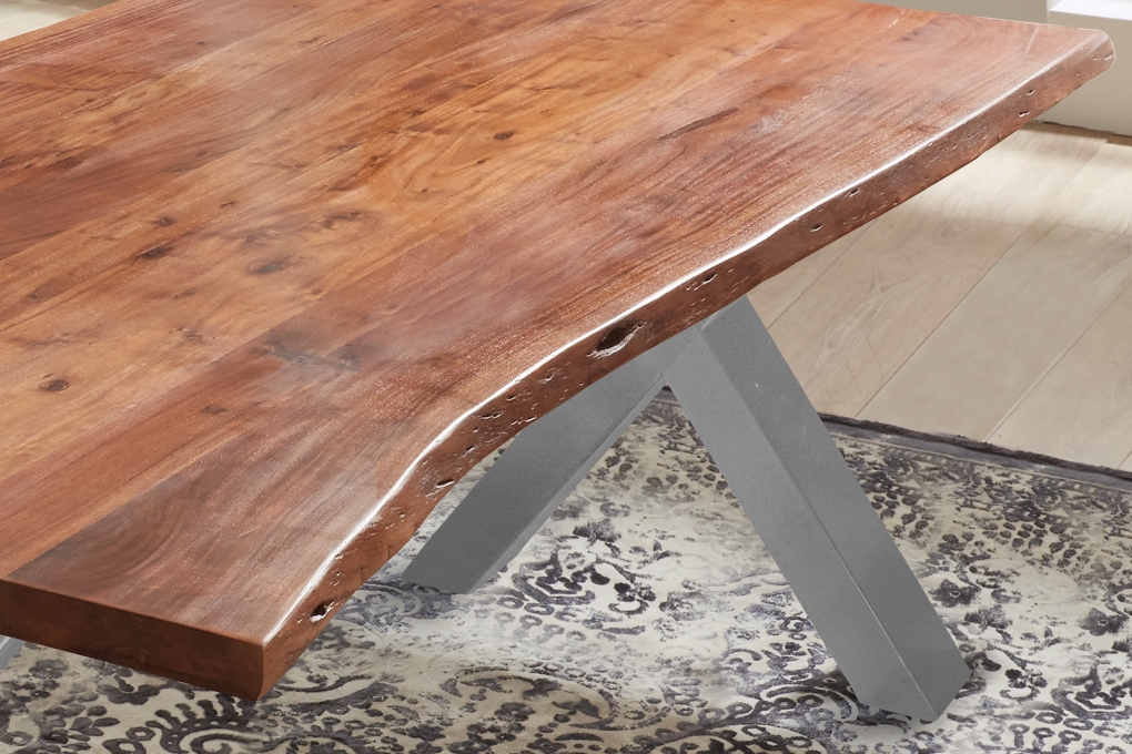  Esstisch Baumkante massiv Akazie nuss 120 x 80 X-Gestell silber XANTEN itemprop=