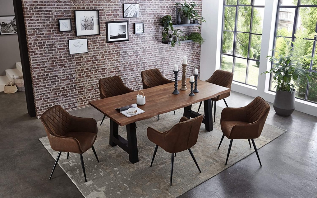 Essgruppe 220 cm Akazie nussbaumfarben A-Gestell schwarz mit 6 Stühlen ATHEN itemprop=