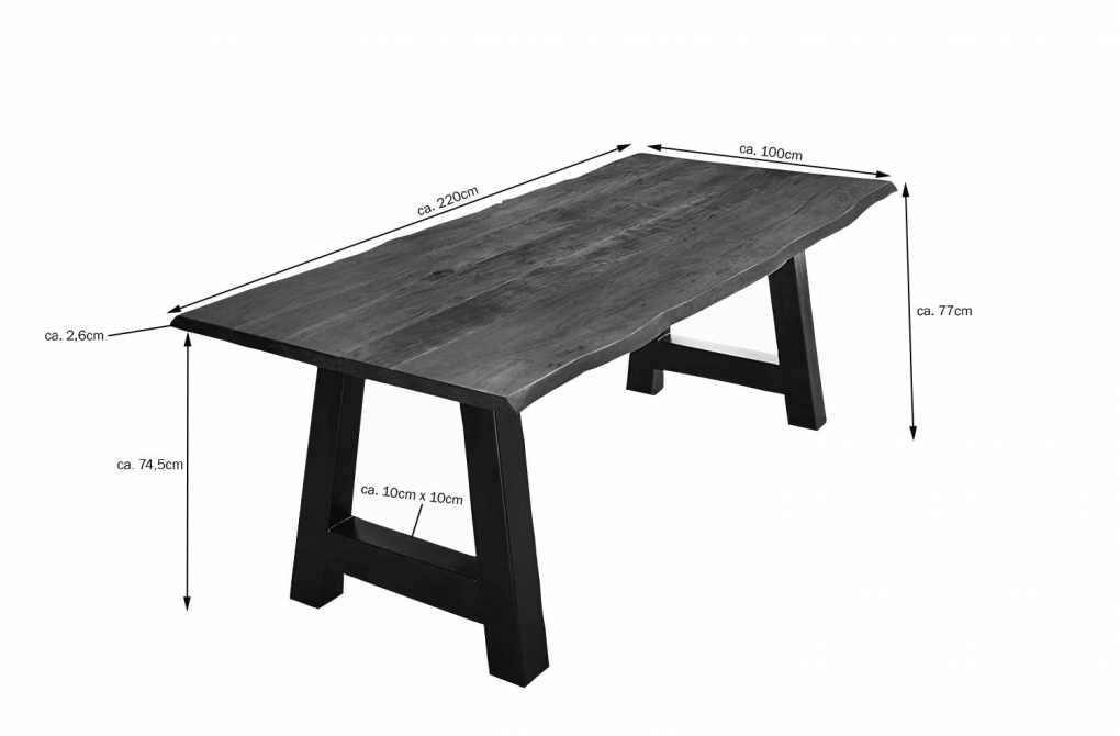 Essgruppe 220 cm Akazie nussbaumfarben A-Gestell schwarz mit 6 Stühlen ATHEN itemprop=