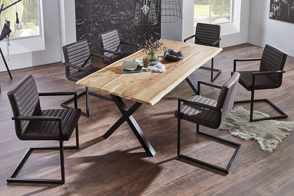  Esstisch Baumkante massiv Akazie natur 200 x 100 X-Gestell schwarz XAVER itemprop=