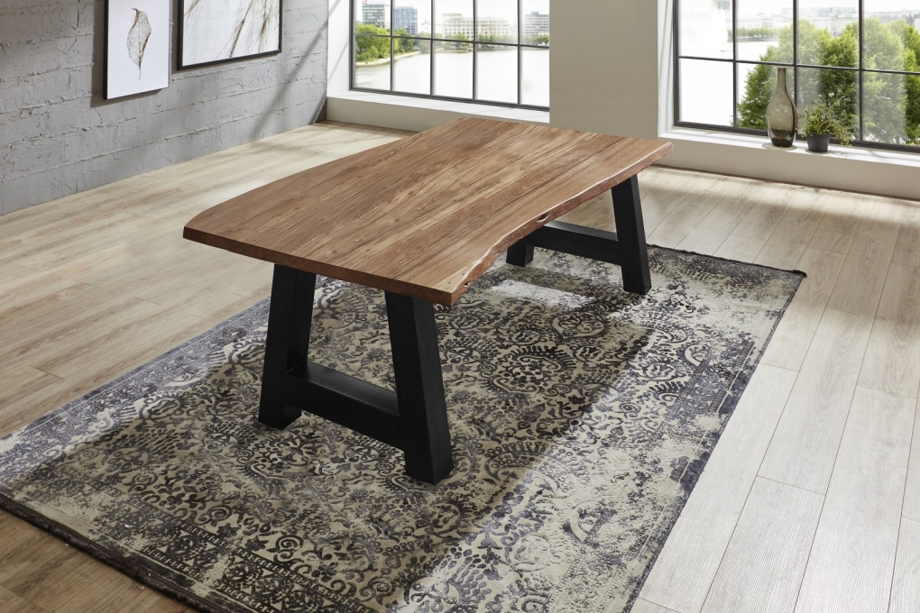  Esstisch Baumkante massiv Akazie Natur 120 x 80 A-Gestell schwarz ATHEN itemprop=