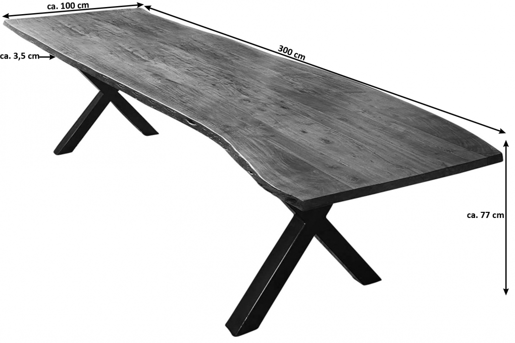  Esstisch Baumkante massiv Akazie natur 300 x 100 X-Gestell silber XAVER itemprop=