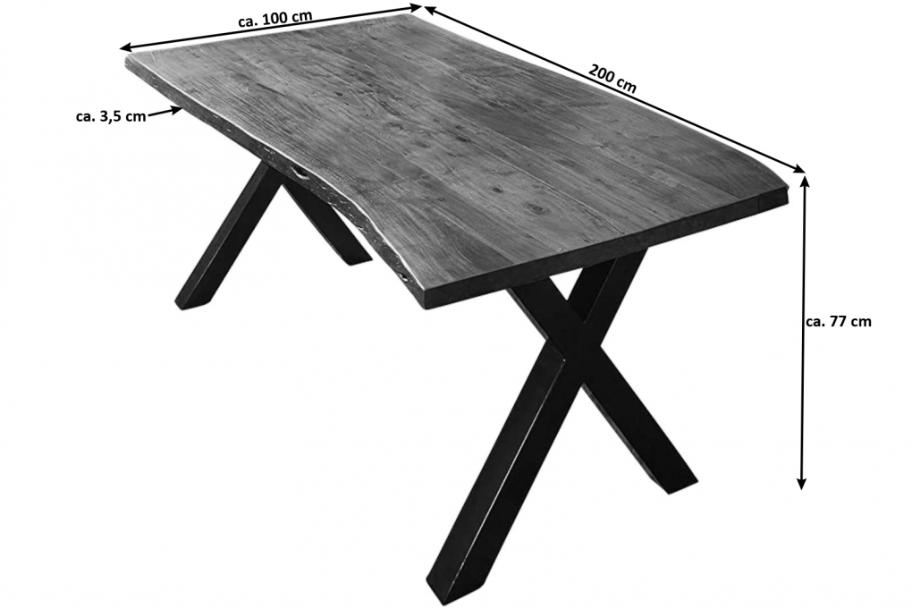  Esstisch Baumkante massiv Akazie nussbaum 200 x 100 X-Gestell schwarz XAVER itemprop=