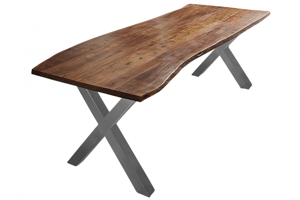  Esstisch Baumkante massiv Akazie nussbaum 220 x 100 X-Gestell silber XAVER itemprop=