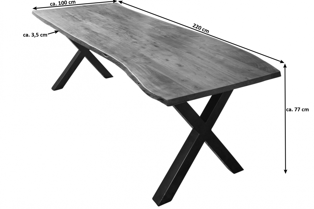  Esstisch Baumkante massiv Akazie nussbaum 220 x 100 X-Gestell silber XAVER itemprop=
