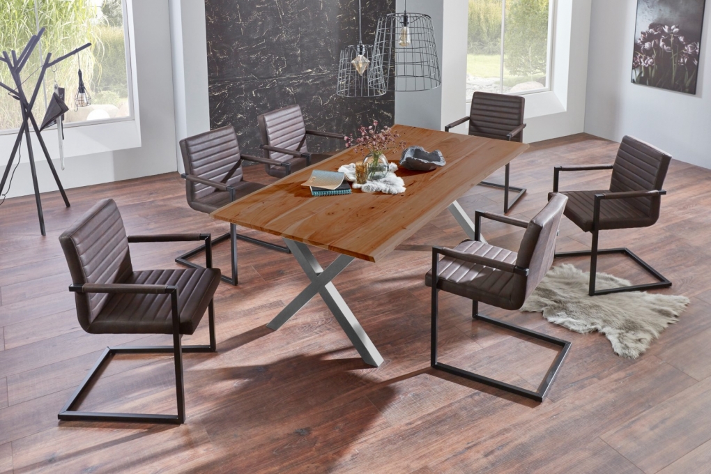  Esstisch Baumkante massiv Akazie nussbaum 220 x 100 X-Gestell silber XAVER itemprop=