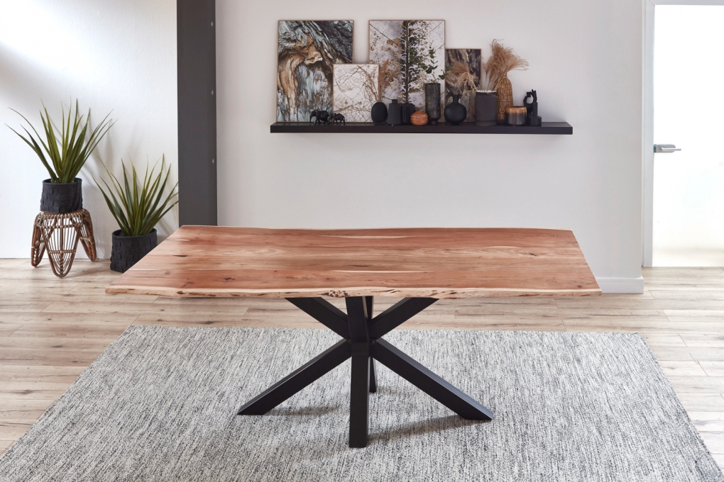  Esstisch Baumkante massiv Akazie natur 220 cm Spider-Gestell schwarz QUINCY itemprop=