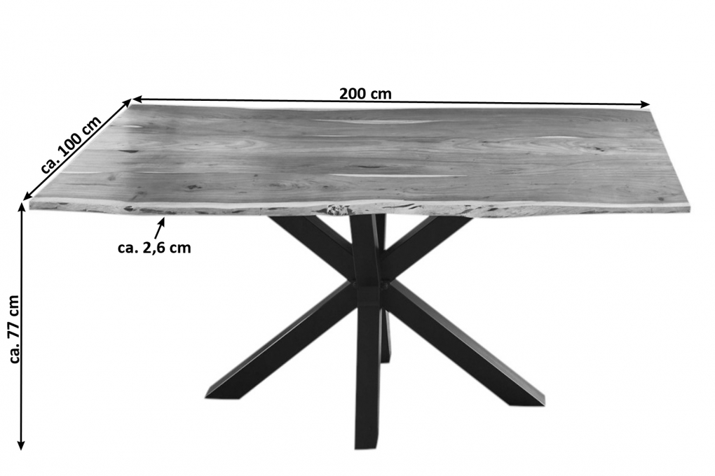  Esstisch Baumkante massiv Akazie natur 200 cm Spider-Gestell schwarz QUINCY itemprop=