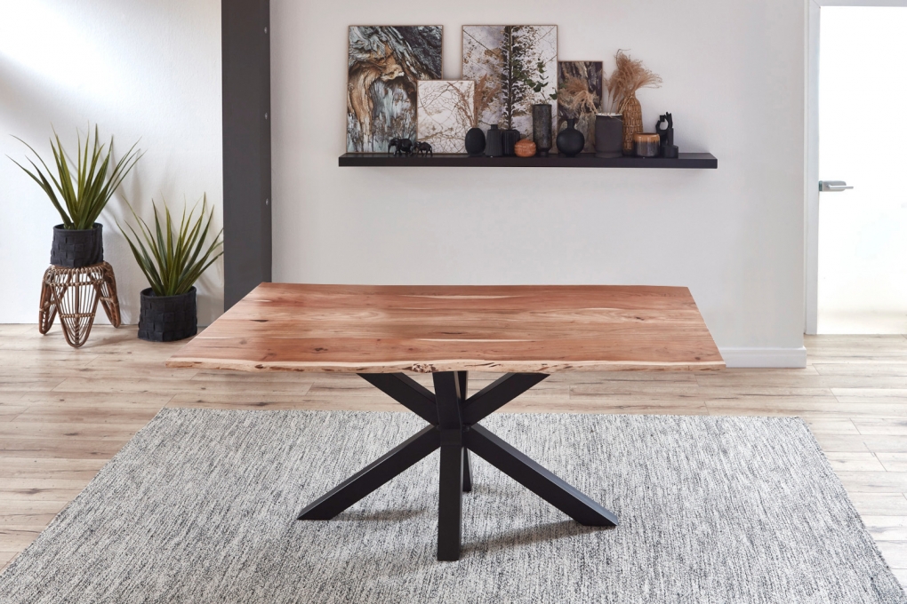 Esstisch Baumkante massiv Akazie natur 160 cm Spider-Gestell schwarz QUINCY itemprop=