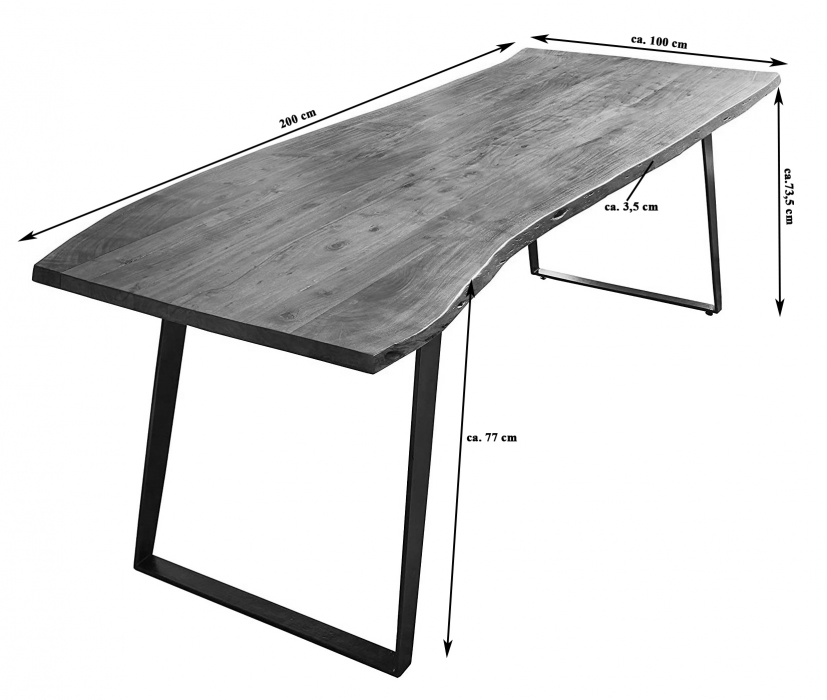 Essgruppe 200 cm Akazie naturfarben schräges Gestell schwarz mit 8 Stühlen HOBART itemprop=