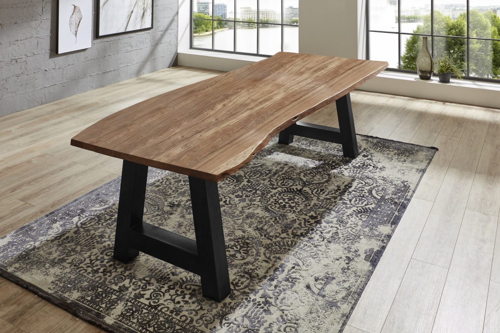  Esstisch Baumkante massiv Akazie Natur 160 x 85 A-Gestell schwarz ATHEN itemprop=