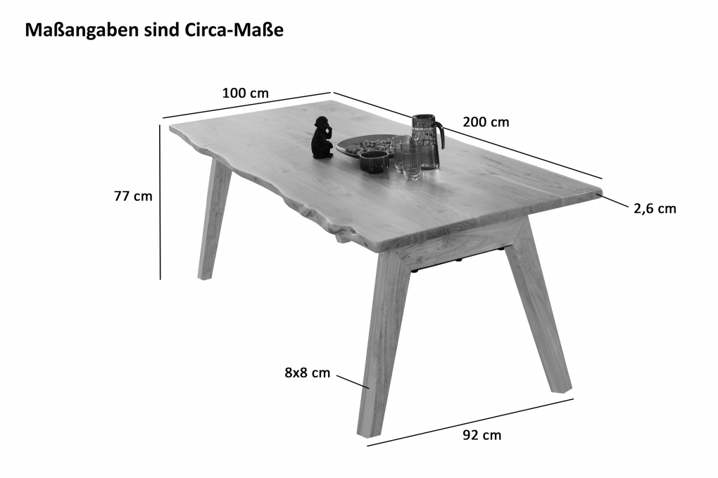 Esstisch Baumkante massiv Akazie nuss 200 x 100 A-Holzgestell nussbaumfarben NELE itemprop=