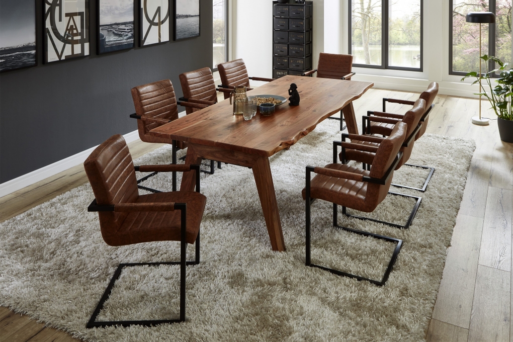 Esstisch Baumkante massiv Akazie nuss 180 x 90 A-Holzgestell nussbaumfarben NELE itemprop=