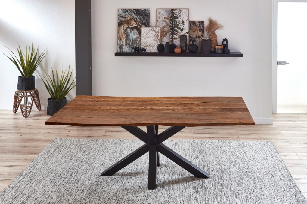  Esstisch Baumkante massiv Akazie nussbaum 180 cm Spider-Gestell schwarz QUINCY itemprop=