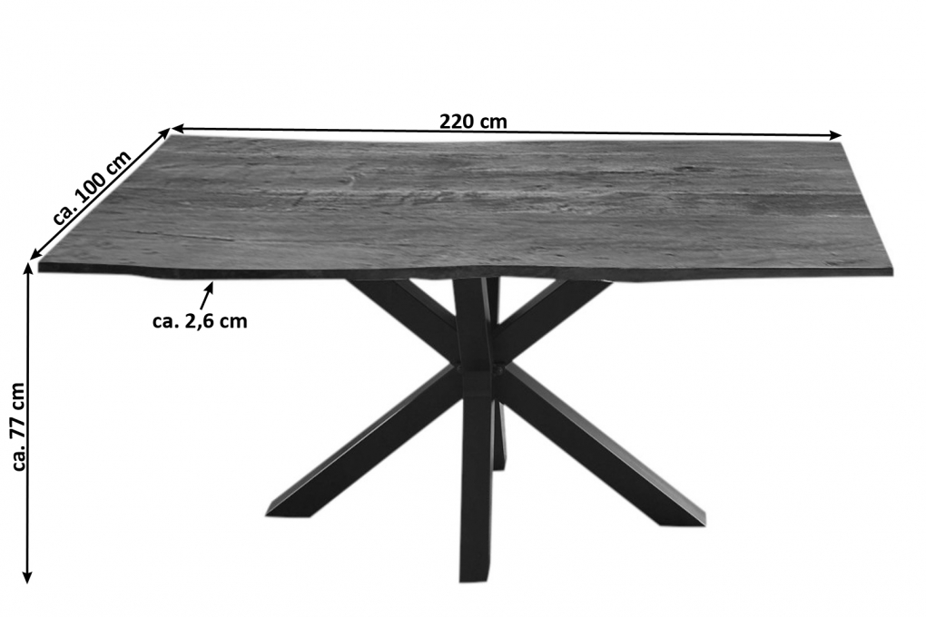  Esstisch Baumkante massiv Akazie nussbaum 220 cm Spider-Gestell schwarz QUINCY itemprop=