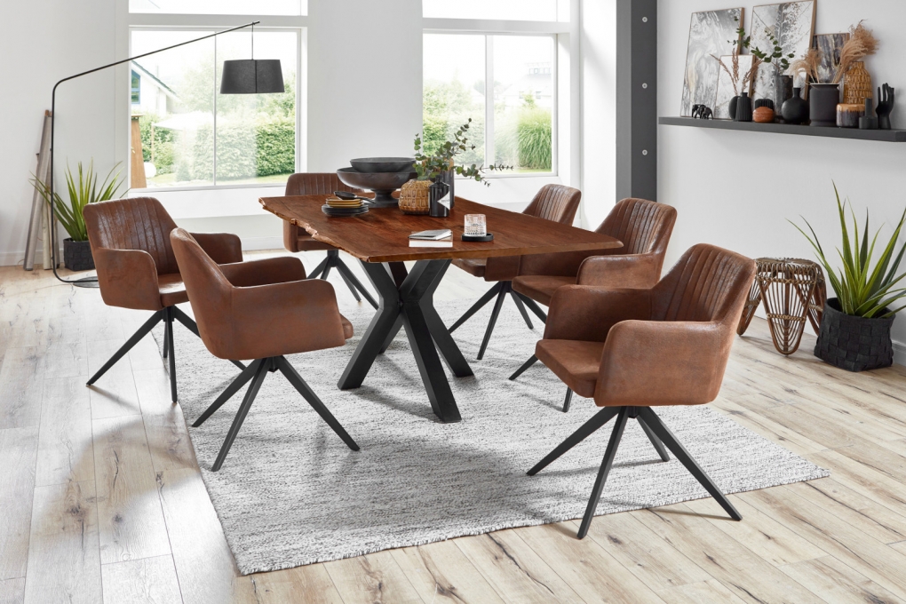  Esstisch Baumkante massiv Akazie nussbaum 220 cm Spider-Gestell schwarz QUINCY itemprop=