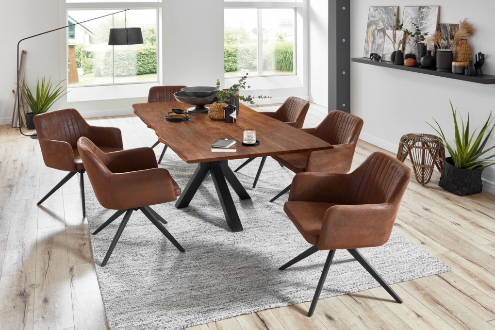  Esstisch Baumkante massiv Akazie nussbaum 220 cm Spider-Gestell schwarz QUINCY itemprop=
