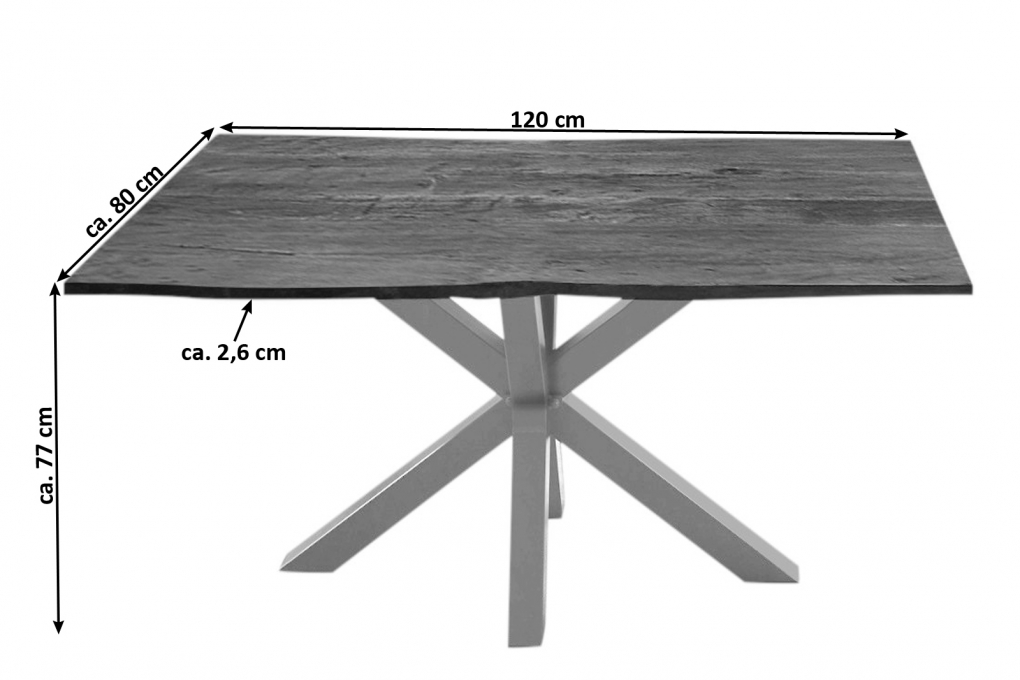  Esstisch Baumkante massiv Akazie nussbaum 120 cm Spider-Gestell silber QUINCY itemprop=
