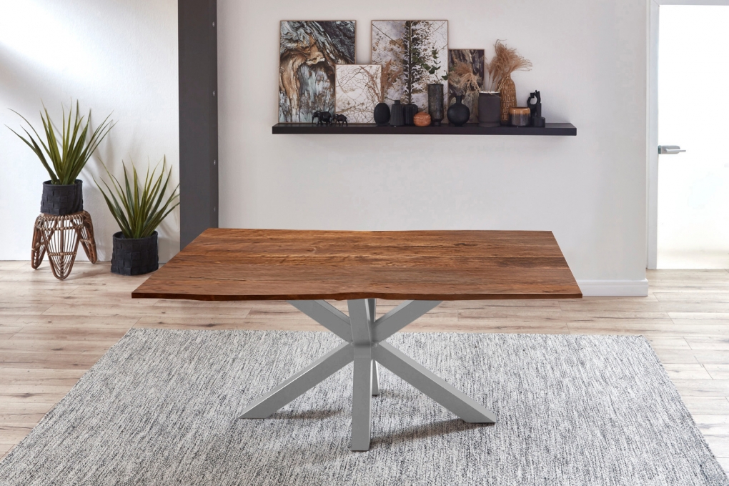  Esstisch Baumkante massiv Akazie nussbaum 120 cm Spider-Gestell silber QUINCY itemprop=