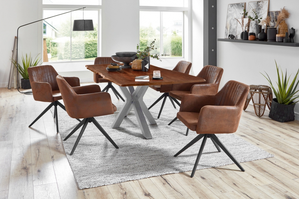  Esstisch Baumkante massiv Akazie nussbaum 120 cm Spider-Gestell silber QUINCY itemprop=