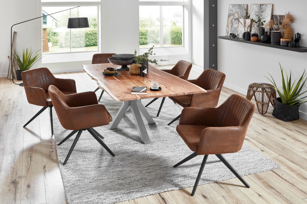  Esstisch Baumkante massiv Akazie natur 180 cm Spider-Gestell silber QUINCY itemprop=