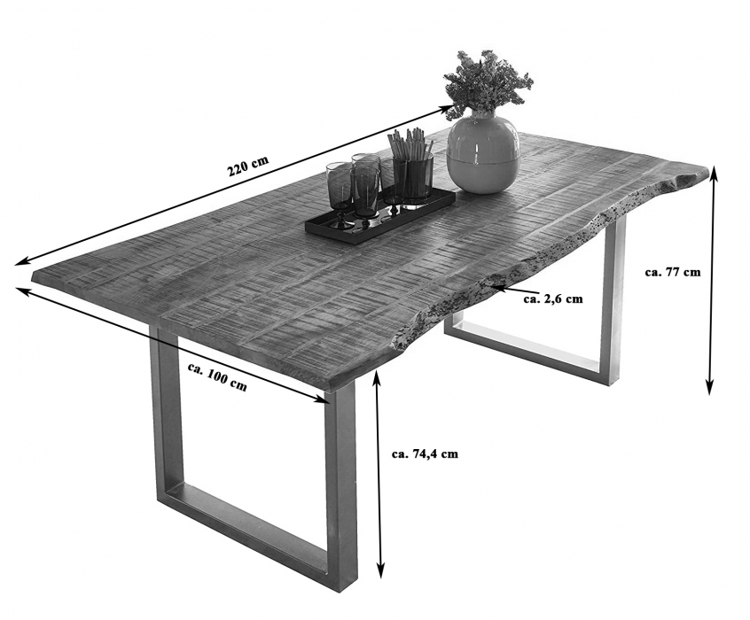 Essgruppe 220 cm Mango naturfarben U-Gestell schwarz mit 6 Stühlen DORA itemprop=