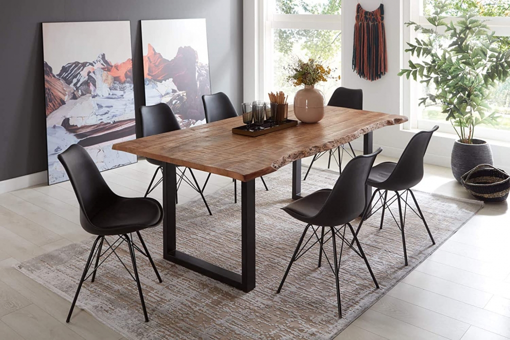 Essgruppe 180 cm Mango naturfarben U-Gestell schwarz mit 6 Stühlen NORINA itemprop=