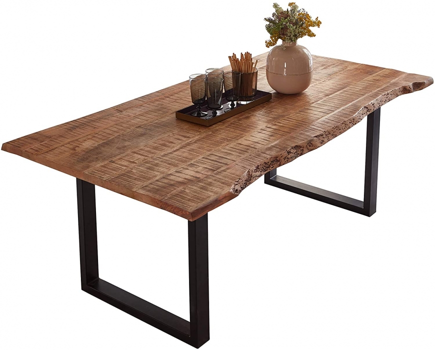 Essgruppe 180 cm Mango naturfarben U-Gestell schwarz mit 6 Stühlen NORINA itemprop=